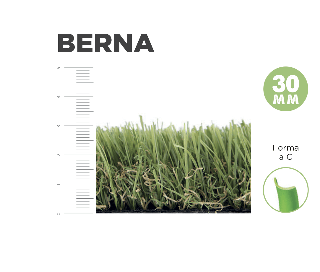 Il nuovo modello BERNA da 30 mm presenta una consistenza molto gradevole al tatto grazie ai suoi monofilamenti in polietilene e un buon recupero in seguito a calpestio.