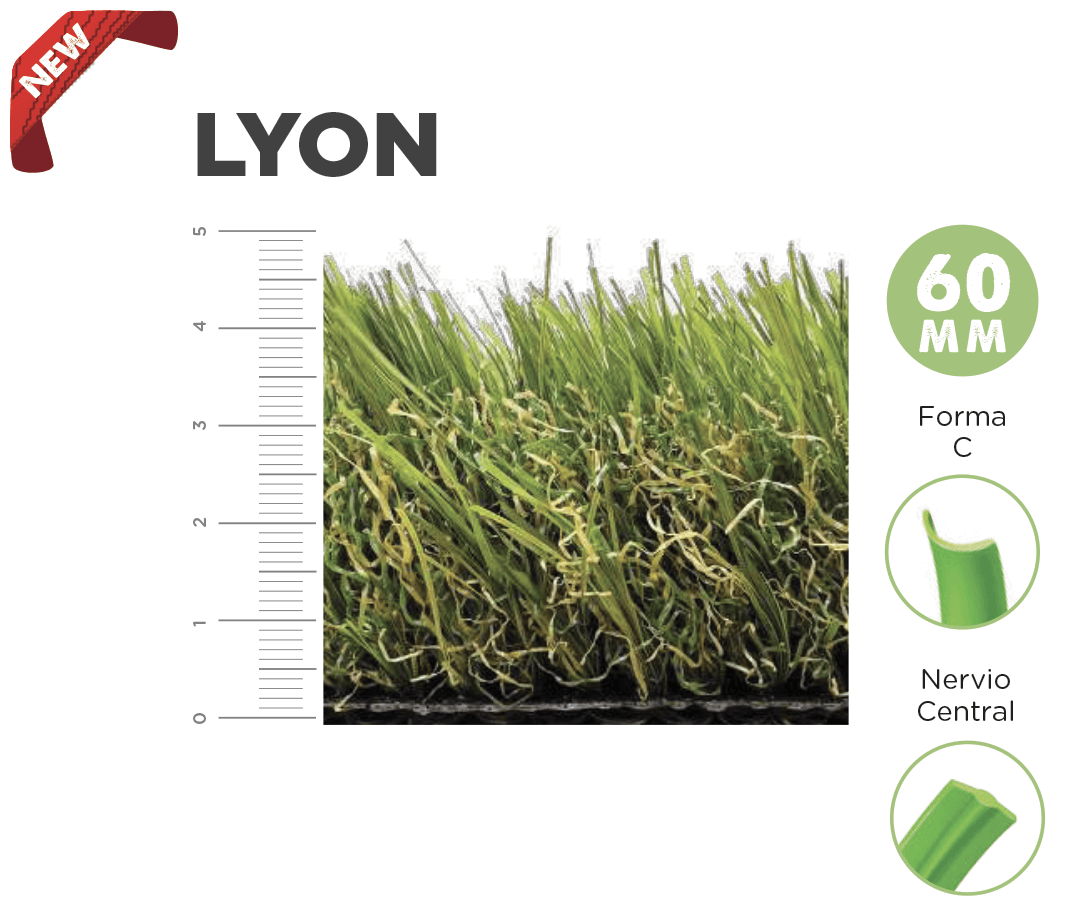 Il modello Lyon è il più spesso della nostra gamma di prati. Una volta installato, le fibre hanno una finitura multidirezionale che, insieme alla combinazione di colori, ne fanno un prato visivamente molto reale.